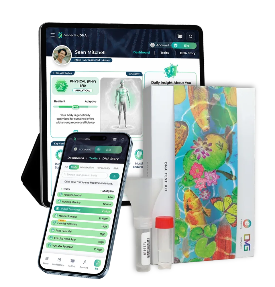 The Bio-Profile Kit: DNA test kit with the dashboard on tablet and phone